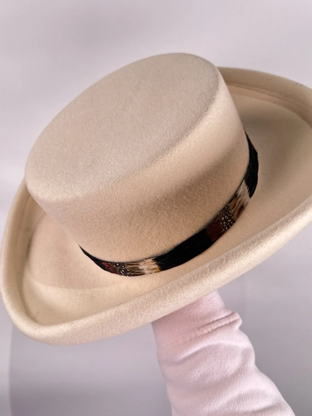 Importina Flat Crown Hat Rolled Brim Feather Band Wool Felt Cream OS